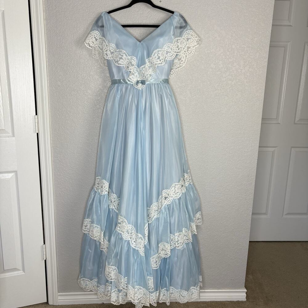 Vintage 70s Prairie Maxi Dress Gown Chiffon Lace Ruffles Light Blue Size XS - Picture 2 of 12